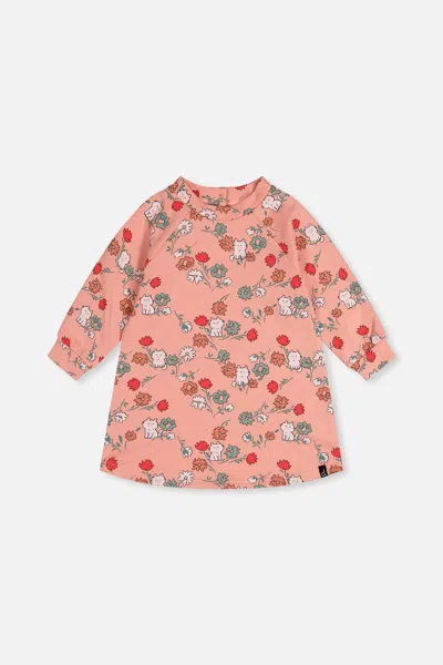 Deux Par Deux Kids'  French Terry Cat Raglan Sleeve Curved Hem Dress In Neutral