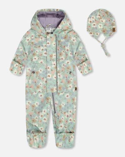 Deux Par Deux Baby Girl's Baby Printed Mid-season One-piece Outerwear With Hat Small White Flowers O In White Flowers On Turquoise
