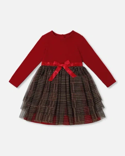 Deux Par Deux Kids'  Baby Girl's Bi-material Dress With Glittering Tulle Skirt Red Plaid In Jester Red