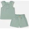 Deux Par Deux Little Girl's Chambray Blouse And Short Set Mint Green Striped In Mint Green Striped