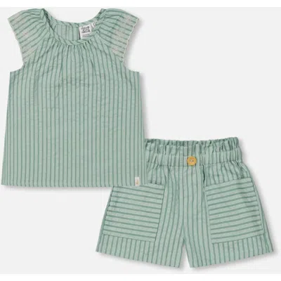 DEUX PAR DEUX DEUX PAR DEUX BABY GIRL'S CHAMBRAY BLOUSE AND SHORT SET MINT GREEN STRIPED