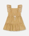 Deux Par Deux Baby Girl's Chambray Dress With Embroidery Golden Beige In Golden Beige