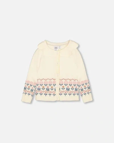 Deux Par Deux Baby Girl's Jacquard Knit Cardigan Off White With Flowers