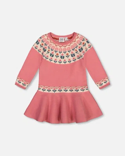 Deux Par Deux Baby Girl's Knit Dress With Round Intarsia Flowers Light Pink In Rosette