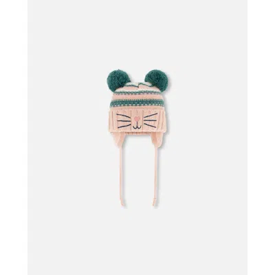 Deux Par Deux Baby Girl's Knit Hat With Ears Light Pink Cat Face