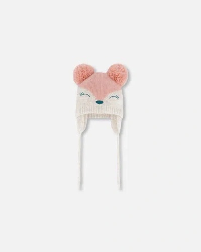 Deux Par Deux Baby Girl's Knit Hat With Ears Light Pink Deer Face In Pink Fox