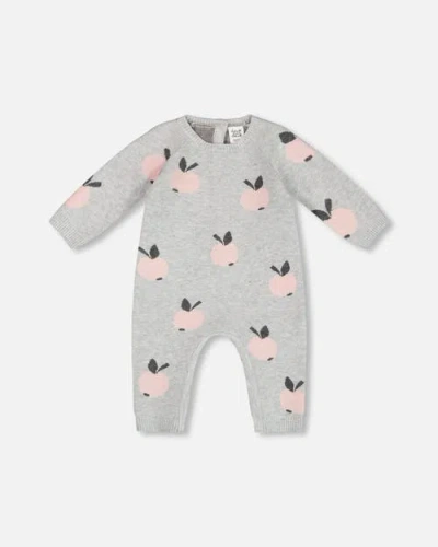 Deux Par Deux Baby Girl's Knitted Jacquard Jumpsuit Gray With Apples In Light Grey Mix