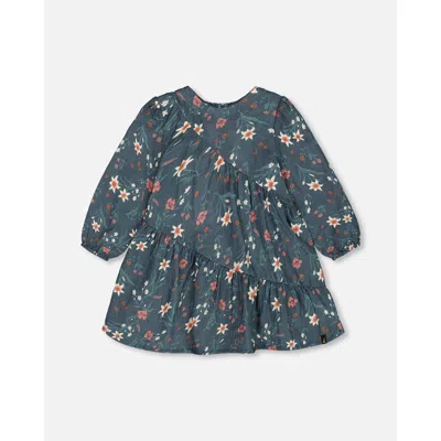 Deux Par Deux Baby Girl's Long Sleeve Muslin Dress Teal Printed Flowers In Printed Edelweiss