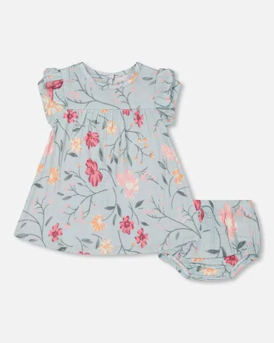 Deux Par Deux Baby Girl's Muslin Dress And Bloomers Set Light Blue With Printed Romantic Flowers In Multi