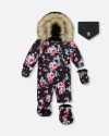 DEUX PAR DEUX DEUX PAR DEUX BABY GIRL'S ONE PIECE BABY SNOWSUIT BLACK PRINTED ROSES DESIGNED FOR CAR SEAT