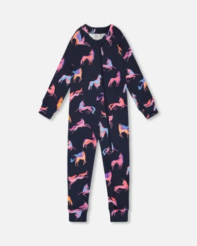 Deux Par Deux Baby Girl's One Piece Thermal Underwear Navy Printed Unicorn In Printed Unicorns