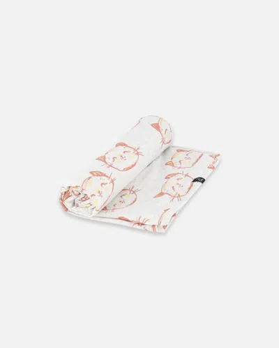 Deux Par Deux Baby Girl's Organic Cotton Blanket Heather Beige With Printed Cat In White