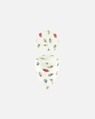 Deux Par Deux Baby Girl's Organic Cotton Hat And Bib Set Off White Printed Strawberry In Offwhite Printed Strawberry