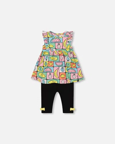 Deux Par Deux Baby Girl's Organic Cotton Jersey Tunic And Capri Set Printed Fruits Square In Multi