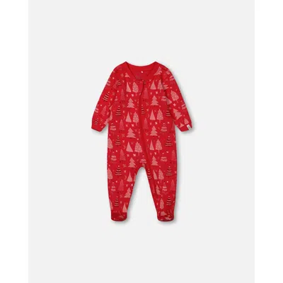 Deux Par Deux Baby Girl's Organic Cotton One Piece Pajama Red Printed Christmas Tree In Printed Christmas Pine