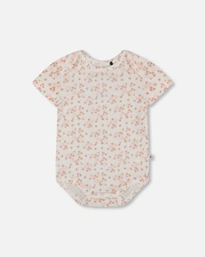 Deux Par Deux Baby Girl's Organic Cotton Pointelle Bodysuit Printed White And Pink Flowers In White With Pink Flowers