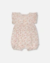 Deux Par Deux Baby Girl's Organic Cotton Pointelle Romper With Frills Printed White And Pink Flowers In White With Pink Flowers