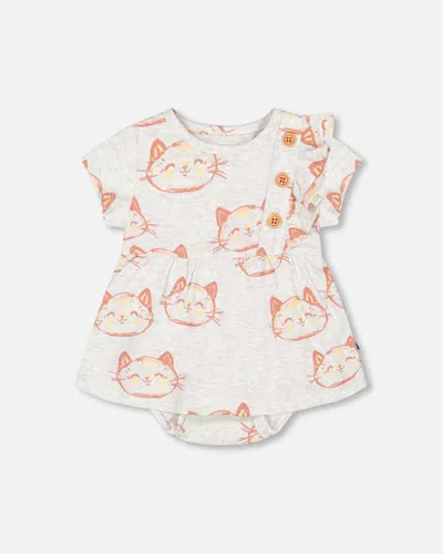 Deux Par Deux Baby Girl's Organic Cotton Printed Romper Heather Beige With Printed Cat In Heather Beige Printed Cat
