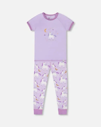 Deux Par Deux Baby Girl's Organic Cotton Short Sleeve Top And Pant Pajama Set White Unicorn On Mauve