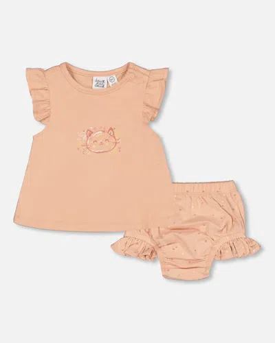 Deux Par Deux Baby Girl's Organic Cotton Top And Bloomers Set Peach Rose With Printed Heart