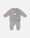 DEUX PAR DEUX DEUX PAR DEUX BABY GIRL'S ORGANIC COTTON TOP AND PRINTED PANTS SET GRAY WITH APPLES