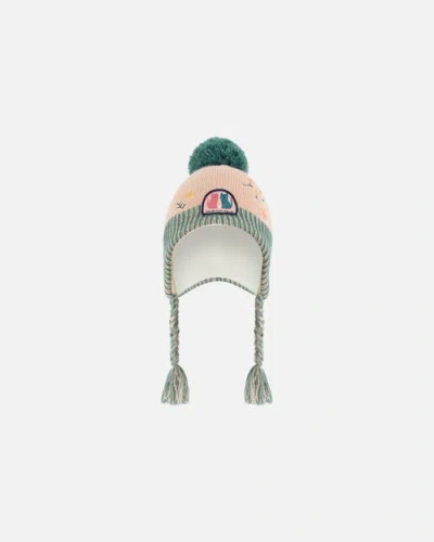 Deux Par Deux Baby Girl's Peruvian Knit Hat Light Pink, Sage Green And Flowers In Embroidered Flowers
