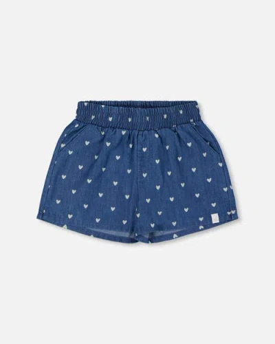 Deux Par Deux Baby Girl's Printed Chambray Short Navy Blue And White Hearts