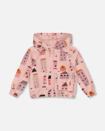 DEUX PAR DEUX DEUX PAR DEUX BABY GIRL'S PRINTED FRENCH TERRY HOODIE CARDIGAN PINK AND CORAL HOUSES