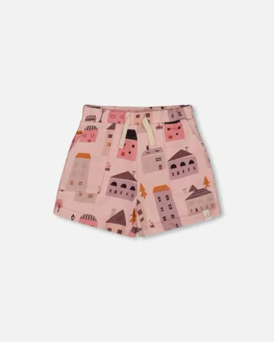 Deux Par Deux Baby Girl's Printed French Terry Short Pink And Coral Houses