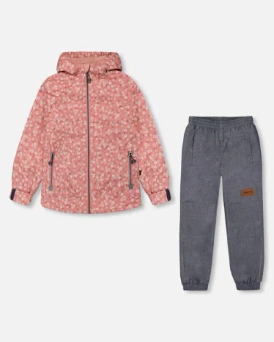 Deux Par Deux Baby Girl's Printed Jacket Two-piece Mid-season Outerwear Set Small White Flowers On P In White Flowers, Pink And Gray
