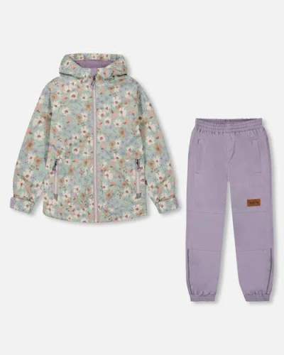Deux Par Deux Baby Girl's Printed Jacket Two-piece Mid-season Outerwear Set Small White Flowers On T In White Flowers On Turquoise