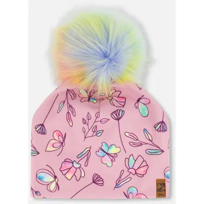 Deux Par Deux Baby Girl's Printed Jersey Detachable Pompom Hat Lilac And Multicolored Butterfly In Lilac And Multicolor Butterfly