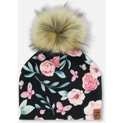 Deux Par Deux Baby Girl's Printed Jersey Detachable Pompom Hat Pink, Black, And Flowers