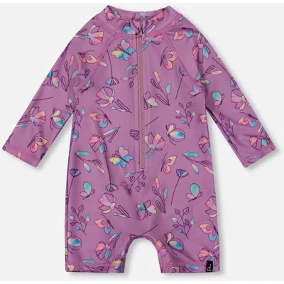 Deux Par Deux Baby Girl's Printed Long Sleeve One-piece Rashguard Old Mauve And Multicolored Butterf In Mauve,multicolored Butterflies