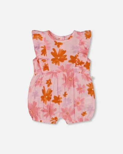 Deux Par Deux Baby Girl's Printed Muslin Romper Pink And Coral Flowers