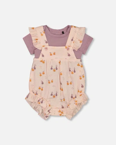 Deux Par Deux Baby Girl's Printed Muslin Shortall And Organic Cotton Bodysuit Set Peach With Pears In Peach With Pears Print