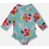 Deux Par Deux Baby Girl's Printed One-piece Rashguard With Frills Turquoise And Pink Flowers In Turquoise And Pink Flowers