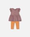 Deux Par Deux Baby Girl's Printed Organic Cotton Dress And Solid Leggings Set Orange And Purple In Purple With Pear Seeds