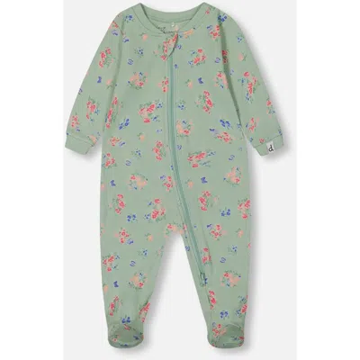Deux Par Deux Baby Girl's Printed Organic Cotton One-piece Pajama Small Pink And Blue Flowers On Lig