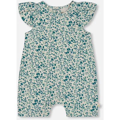 Deux Par Deux Baby Girl's Printed Organic Cotton Romper With Frills Small Turquoise Flowers
