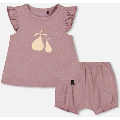 Deux Par Deux Baby Girl's Printed Organic Cotton Top And Bloomer Set Purple With Pear Seeds