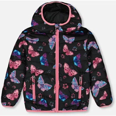 Deux Par Deux Baby Girl's Printed Quilted Mid-season Jacket Multicolored Butterflies On Black Backgr In Multicolored On Black