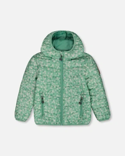 Deux Par Deux Baby Girl's Printed Quilted Mid-season Jacket Small White Flowers On Sage Green Backgr