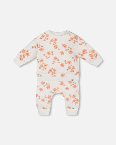 Deux Par Deux Baby Girl's Printed Quilted Top And Pant Set White And Pink Flowers