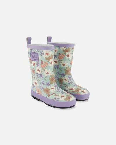Deux Par Deux Baby Girl's Printed Rain Boots Small White Flowers On Turquoise And Lilac