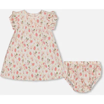 Deux Par Deux Baby Girl's Printed Seersucker Dress And Bloomer Set Pink Flowers On Cream Background