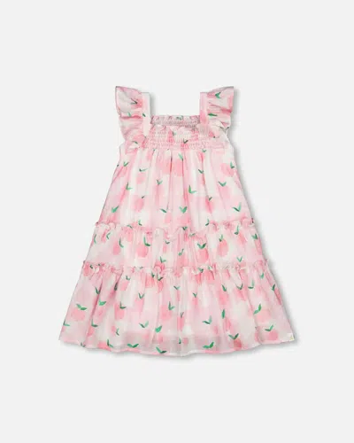 Deux Par Deux Baby Girl's Sleeveless Veil Dress With Printed Peach In Vichy Pink With Printed Peach