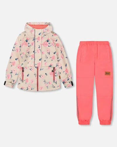Deux Par Deux Baby Girl's Two Piece Hooded Coat And Pant Mid-season Set Ivory Printed Flowers Coral