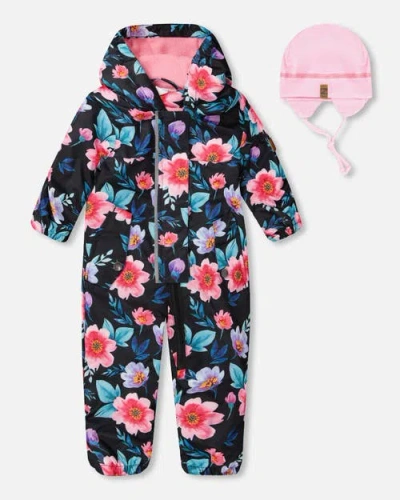 Deux Par Deux Baby Mid-season One-piece Printed Flowers Outerwear With Hat In Blue