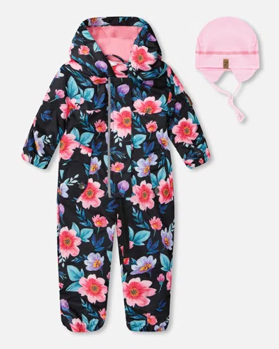 Deux Par Deux Kids' Baby Mid-season One-piece Outerwear With Hat Black Printed Flowers In Blue